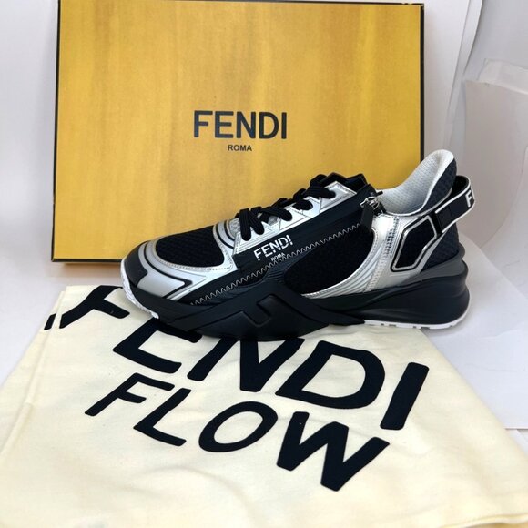 Fendi Flow Low-Top Sneakers Men Nero Silver Black Running Shoes Size UK 8